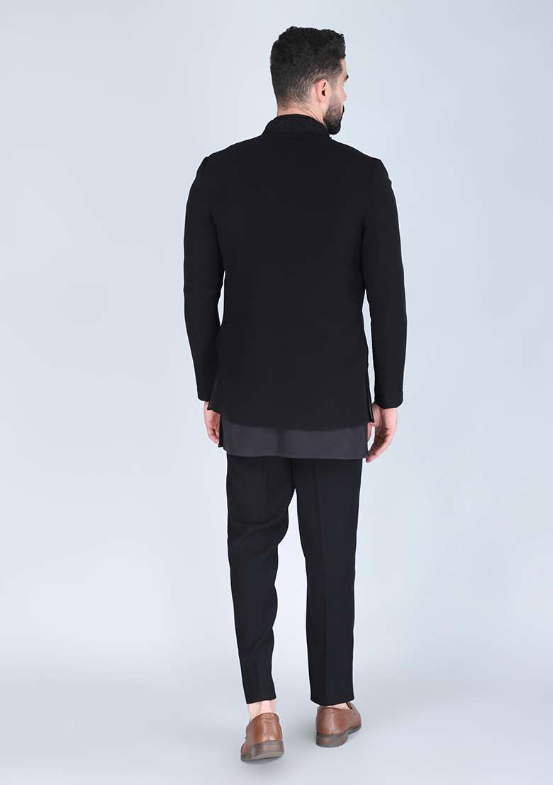 Black Embroidered Suiting Fabric Indo Western Sherwani Set For Men - Indya