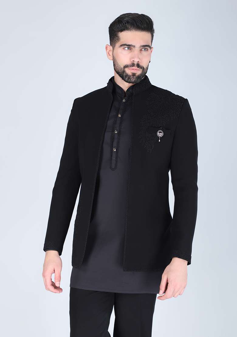 Black Embroidered Suiting Fabric Indo Western Sherwani Set For Men - Indya
