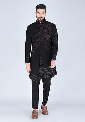 Black Embroidered Suiting Fabric Indo Western Sherwani Set For Men