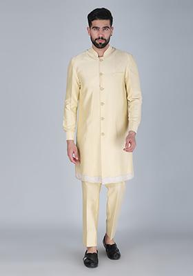 Yellow Embroidered Silk Indo Western Sherwani Set For Men