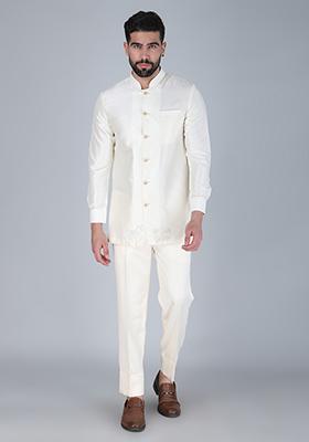 Ivory Embroidered Silk Indo Western Sherwani Set For Men