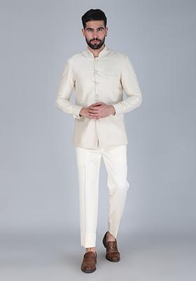 Off White Embroidered Silk Indo Western Sherwani Set For Men