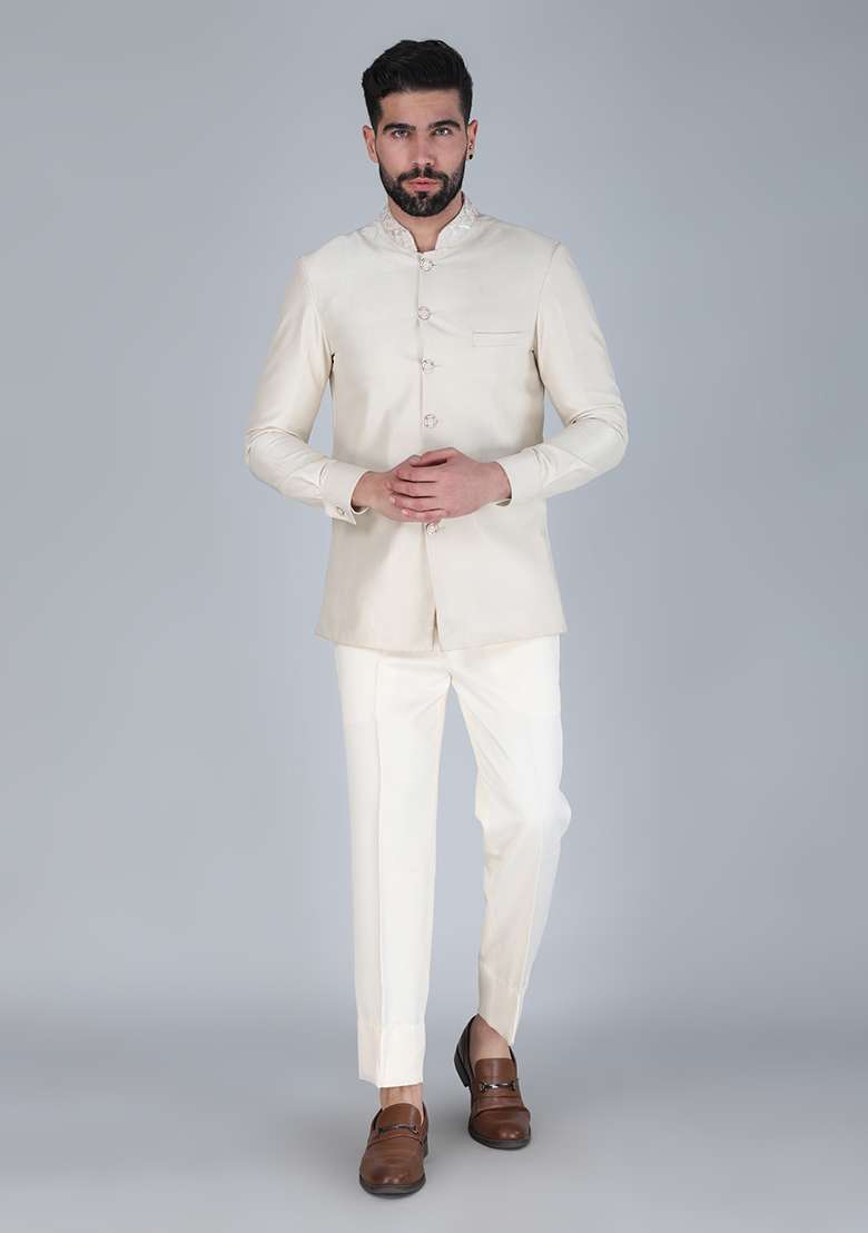 Off White Embroidered Silk Blend Indo Western Sherwani Set For Men - Indya
