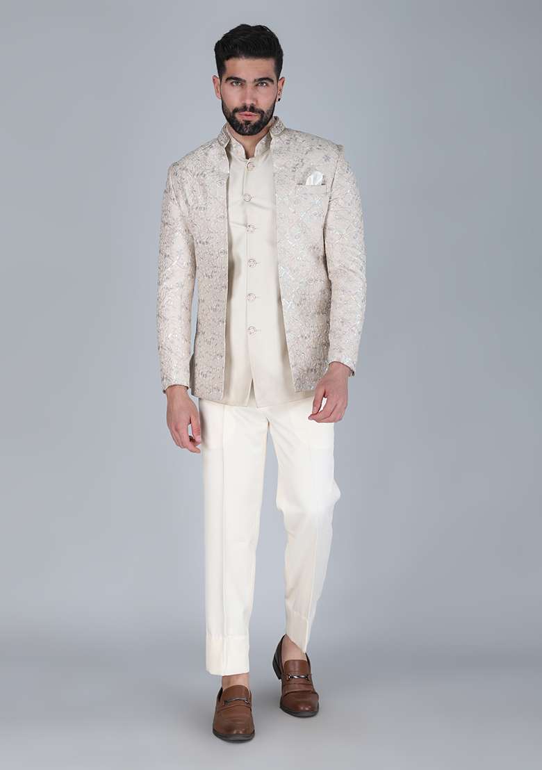 Off White Embroidered Silk Blend Indo Western Sherwani Set For Men - Indya