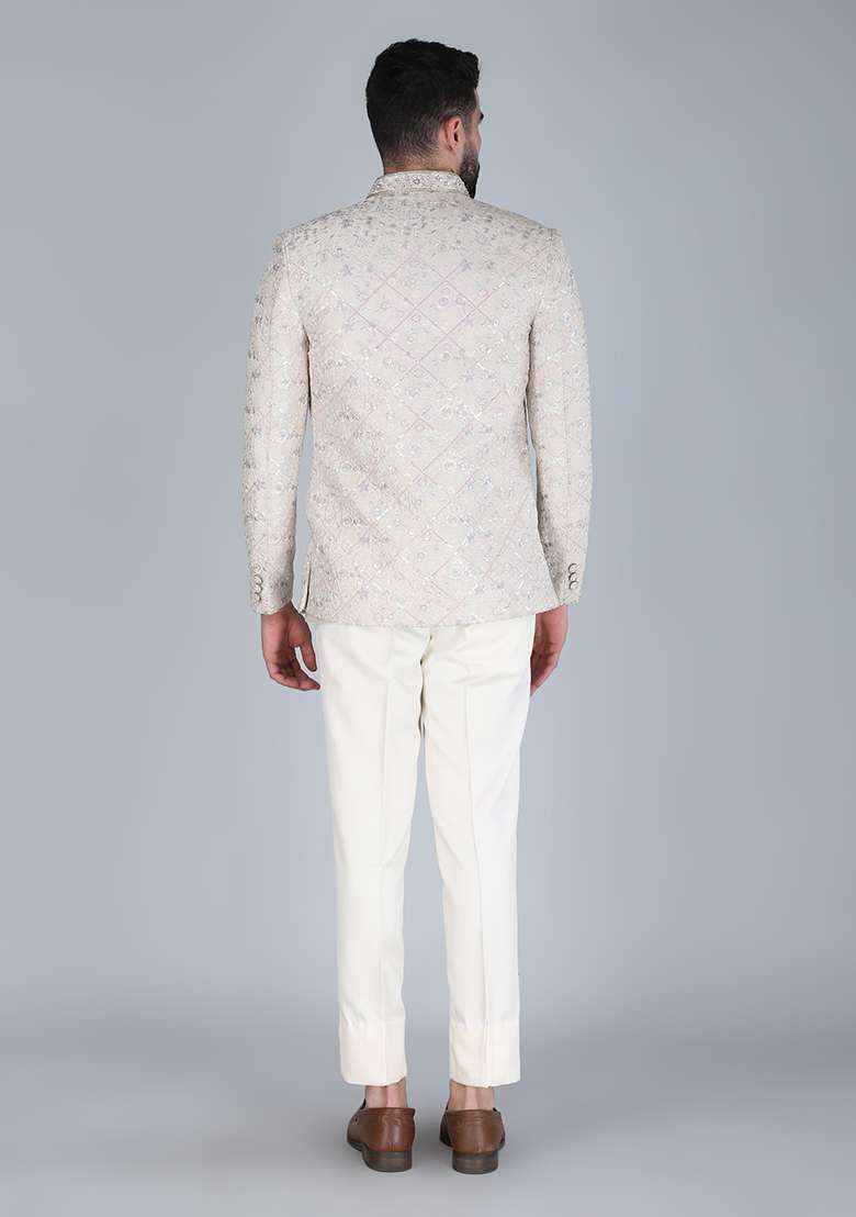 Off White Embroidered Silk Blend Indo Western Sherwani Set For Men - Indya