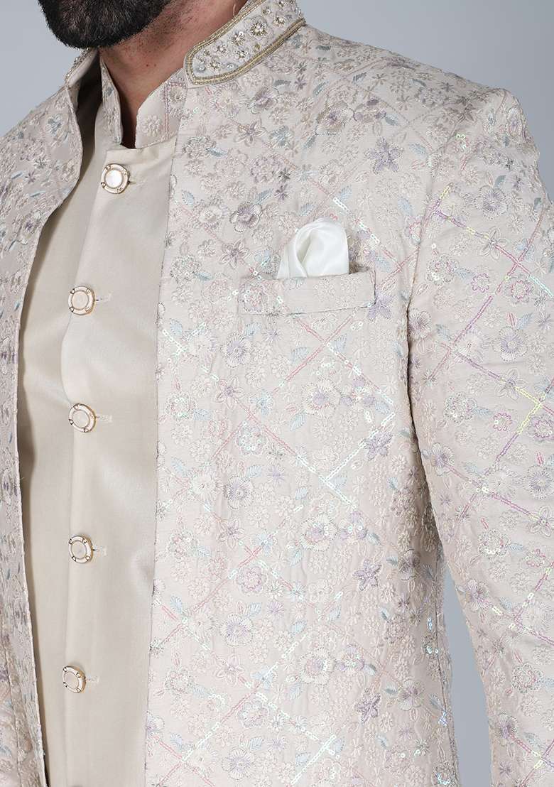 Off White Embroidered Silk Blend Indo Western Sherwani Set For Men - Indya
