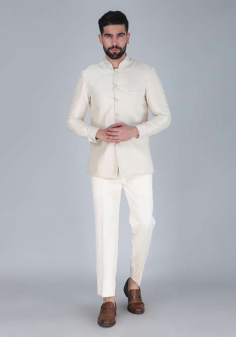 Off White Embroidered Silk Blend Indo Western Sherwani Set For Men