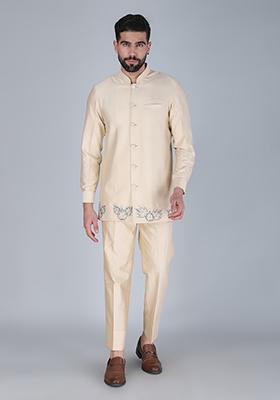 Cream Embroidered Velvet Indo Western Sherwani Set For Men