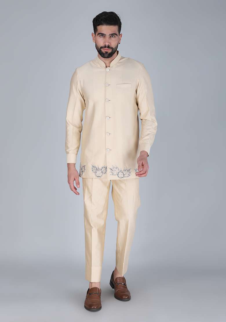 Cream Embroidered Velvet Indo Western Sherwani Set For Men - Indya