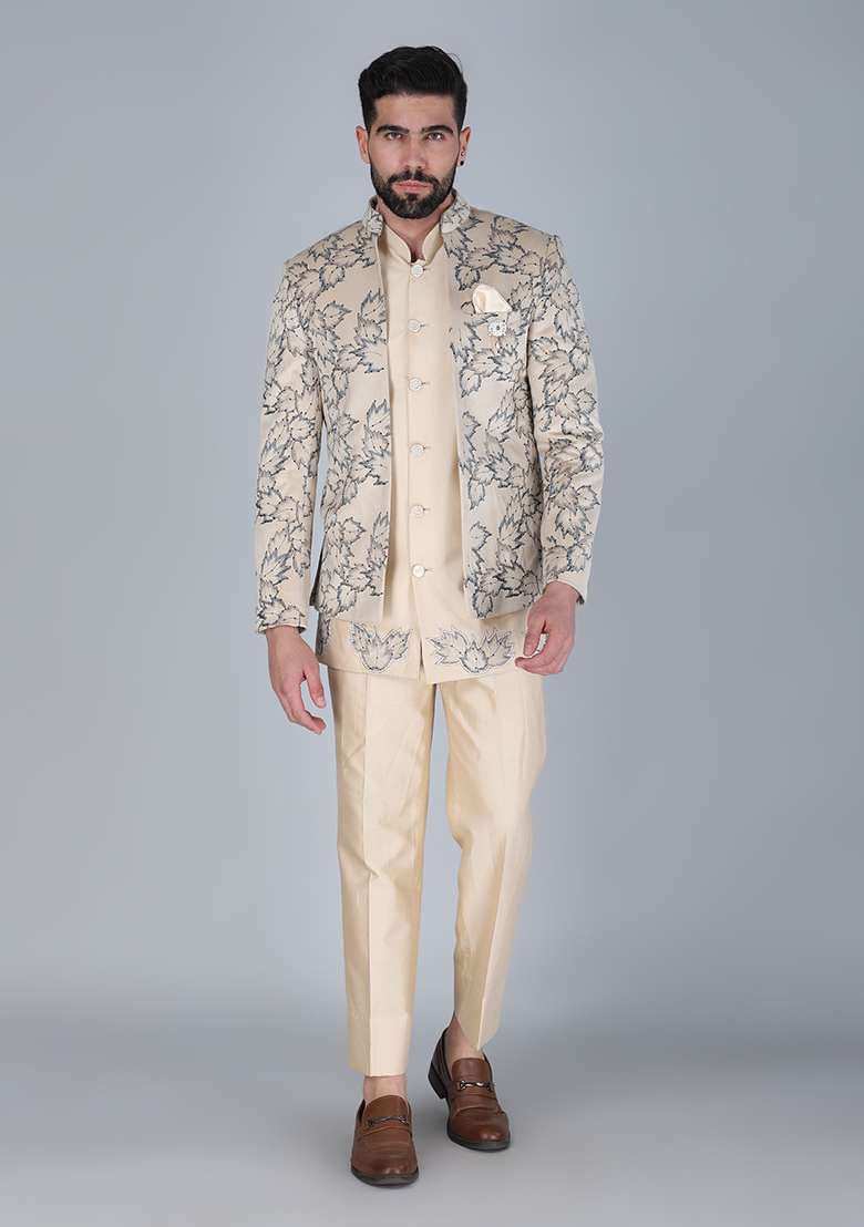 Cream Embroidered Velvet Indo Western Sherwani Set For Men - Indya