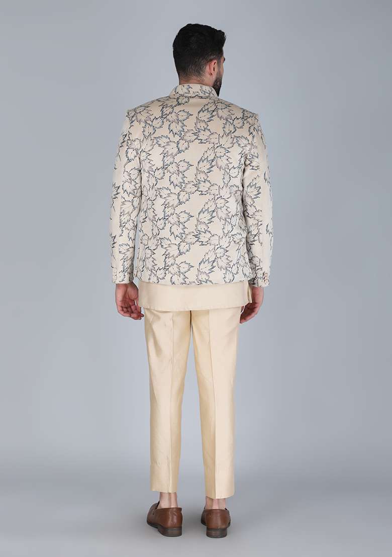 Cream Embroidered Velvet Indo Western Sherwani Set For Men - Indya