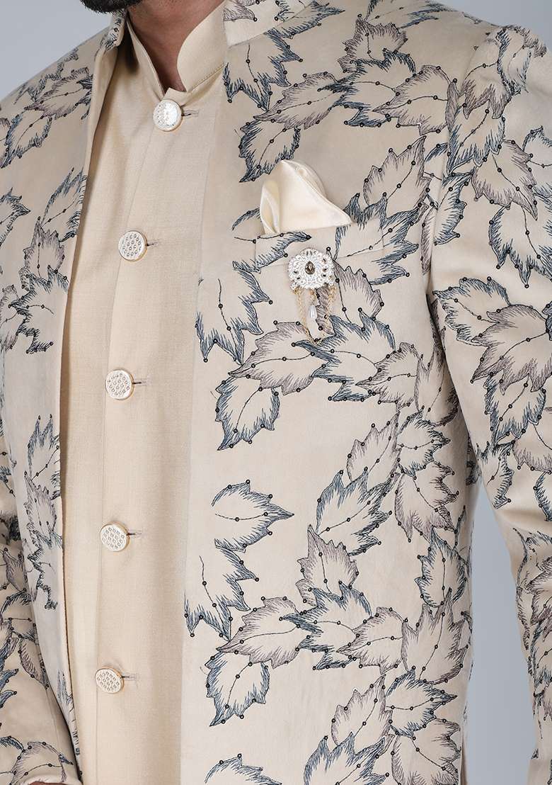 Cream Embroidered Velvet Indo Western Sherwani Set For Men - Indya