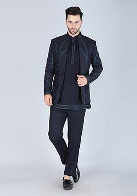 Navy Blue Embroidered Silk Indo Western Sherwani Set For Men