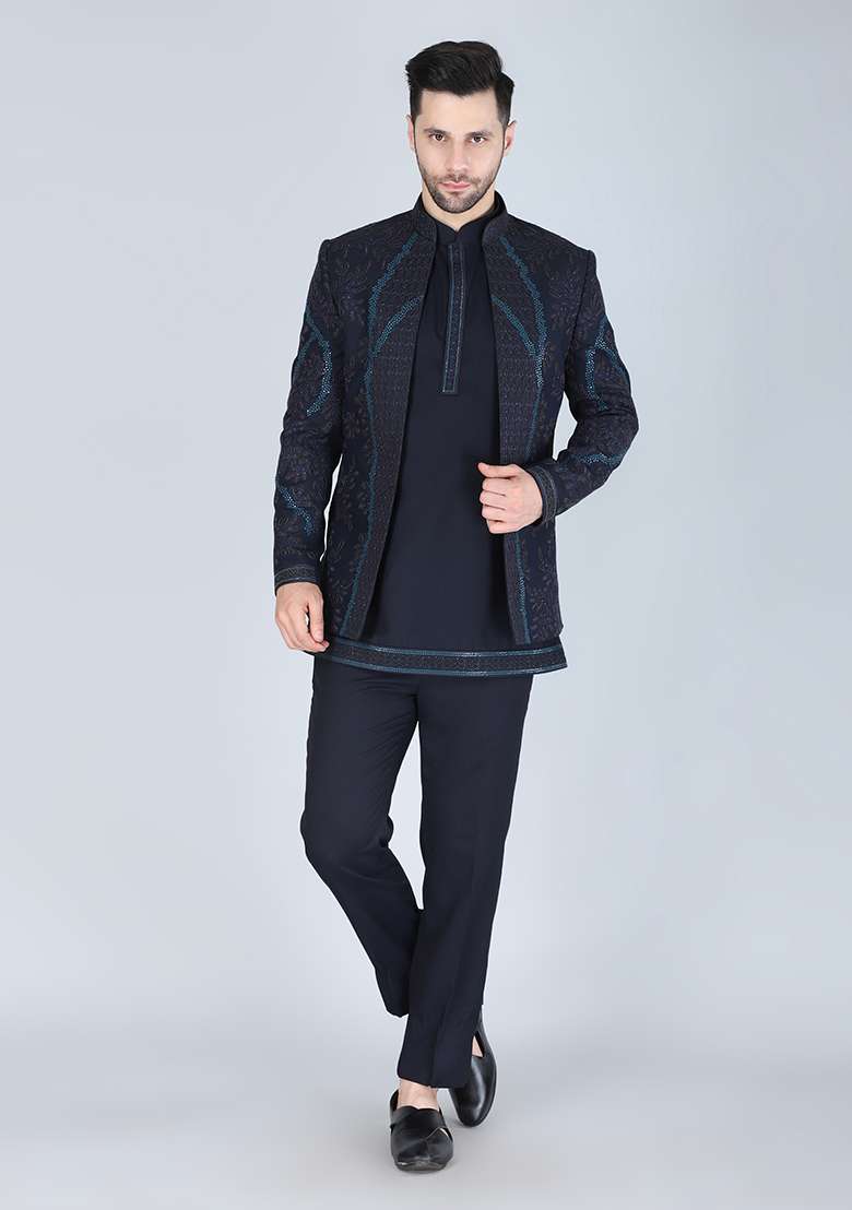 Navy Blue Embroidered Silk Blend Indo Western Sherwani Set For Men - Indya