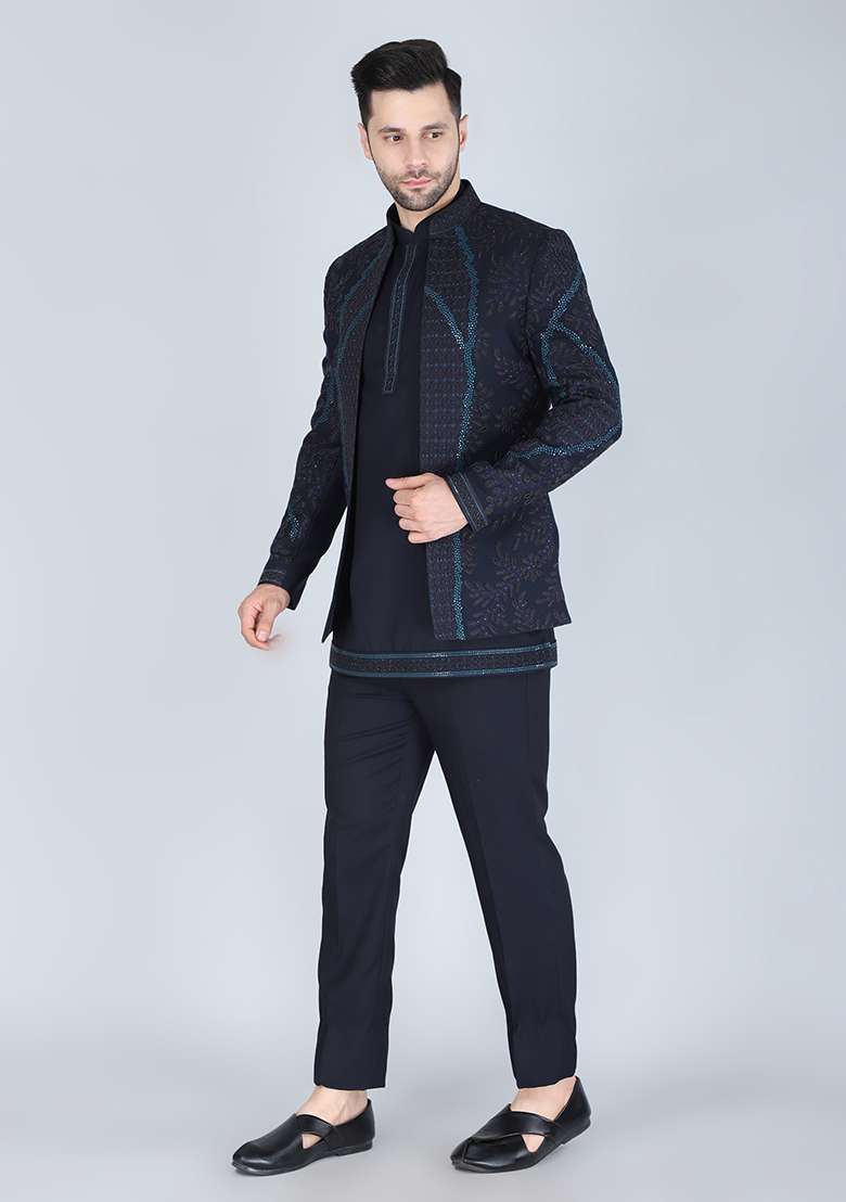 Navy Blue Embroidered Silk Blend Indo Western Sherwani Set For Men - Indya