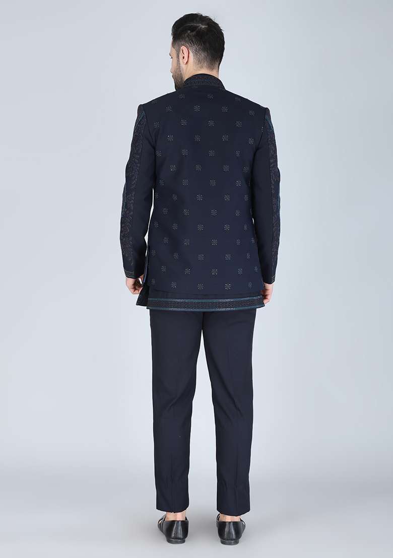 Navy Blue Embroidered Silk Blend Indo Western Sherwani Set For Men - Indya