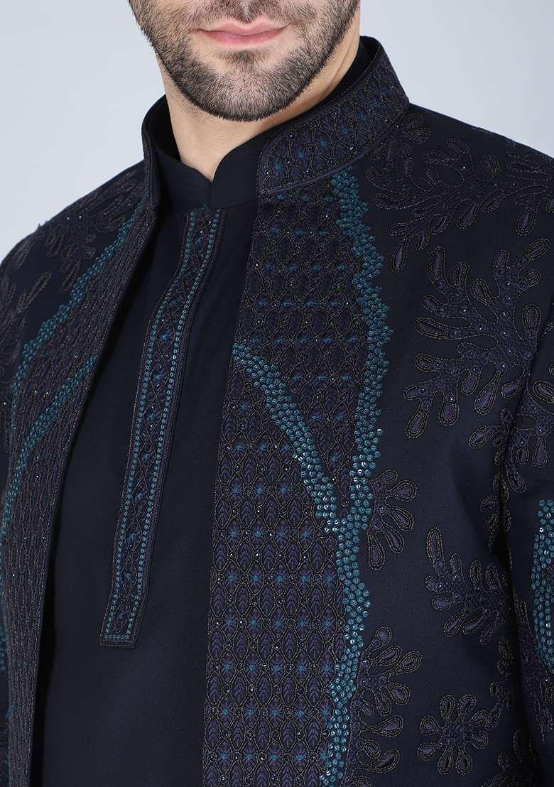 Navy Blue Embroidered Silk Blend Indo Western Sherwani Set For Men - Indya