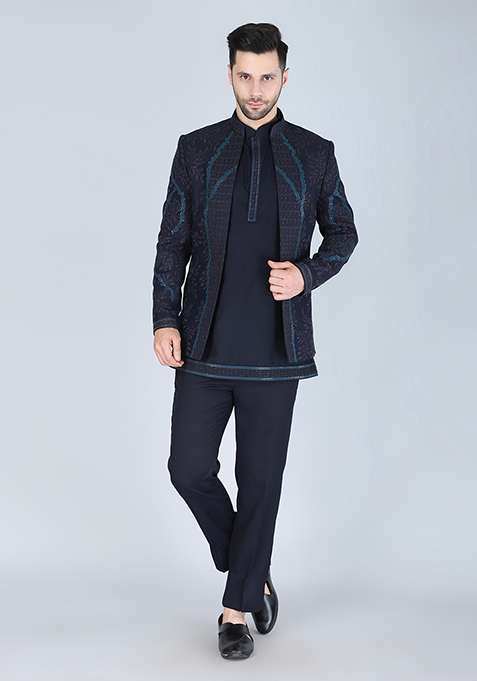Navy Blue Embroidered Silk Blend Indo Western Sherwani Set For Men