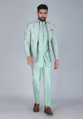 Sea Green Embroidered Silk Indo Western Sherwani Set For Men