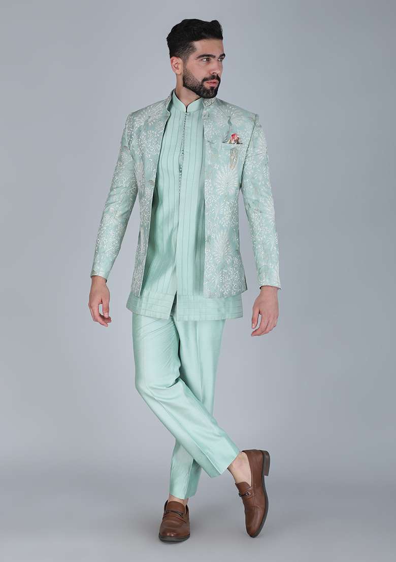 Sea Green Embroidered Silk Blend Indo Western Sherwani Set For Men - Indya