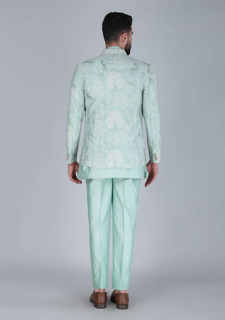 Sea Green Embroidered Silk Blend Indo Western Sherwani Set For Men - Indya