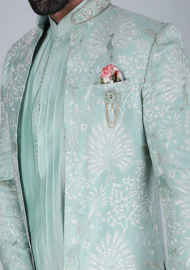 Sea Green Embroidered Silk Blend Indo Western Sherwani Set For Men - Indya