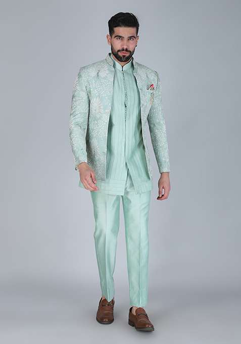 Sea Green Embroidered Silk Blend Indo Western Sherwani Set For Men