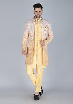 Yellow Embroidered Silk Indo Western Sherwani Set For Men
