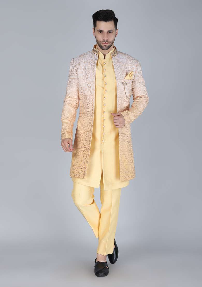 Yellow Embroidered Silk Blend Indo Western Sherwani Set For Men - Indya
