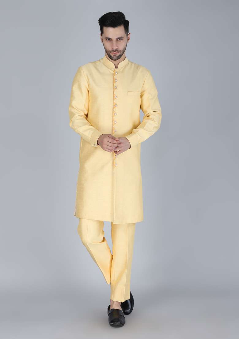 Yellow Embroidered Silk Blend Indo Western Sherwani Set For Men - Indya