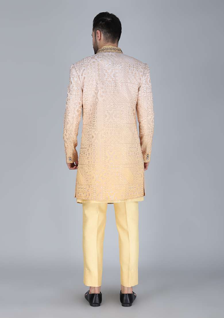 Yellow Embroidered Silk Blend Indo Western Sherwani Set For Men - Indya