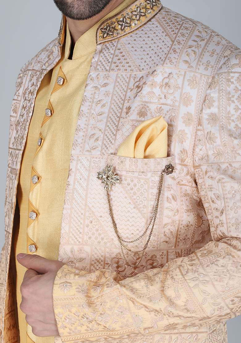 Yellow Embroidered Silk Blend Indo Western Sherwani Set For Men - Indya