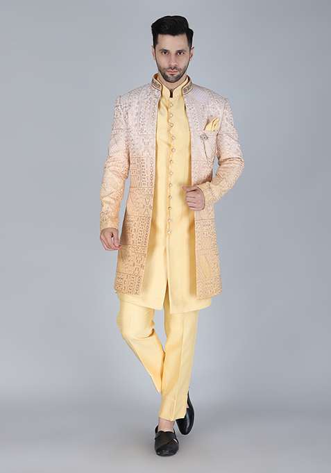 Yellow Embroidered Silk Blend Indo Western Sherwani Set For Men