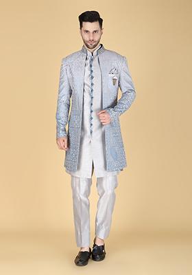 Grey Embroidered Silk Indo Western Sherwani Set For Men