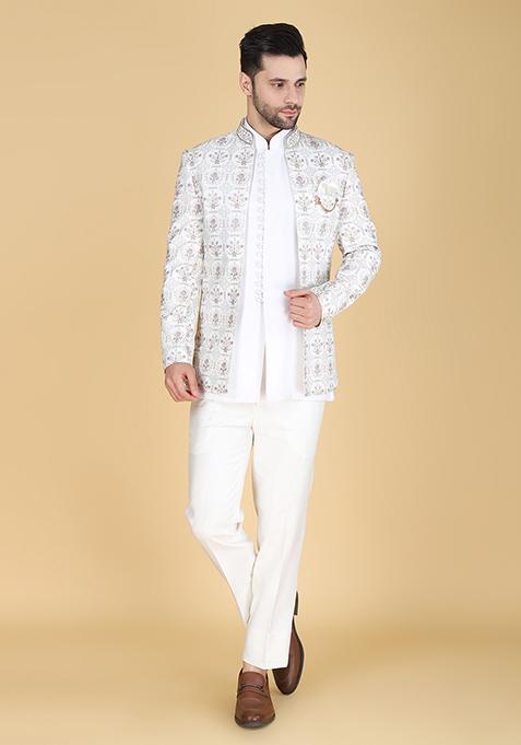 White Embroidered Silk Indo Western Sherwani Set For Men