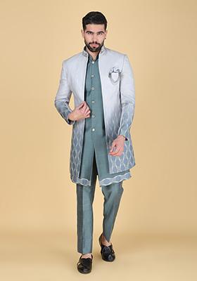 Blue Grey Embroidered Silk Indo Western Sherwani Set For Men