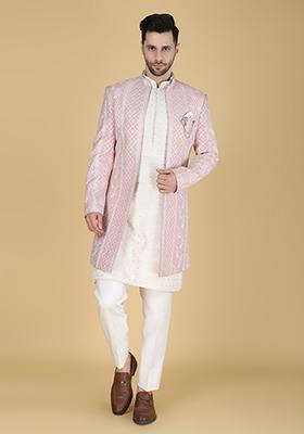 Pink Embroidered Silk Indo Western Sherwani Set For Men