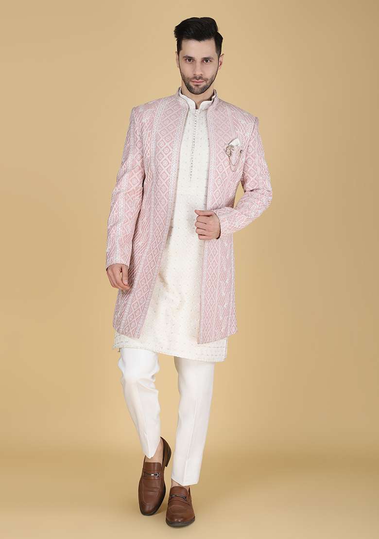 Pink Embroidered Silk Blend Indo Western Sherwani Set For Men - Indya