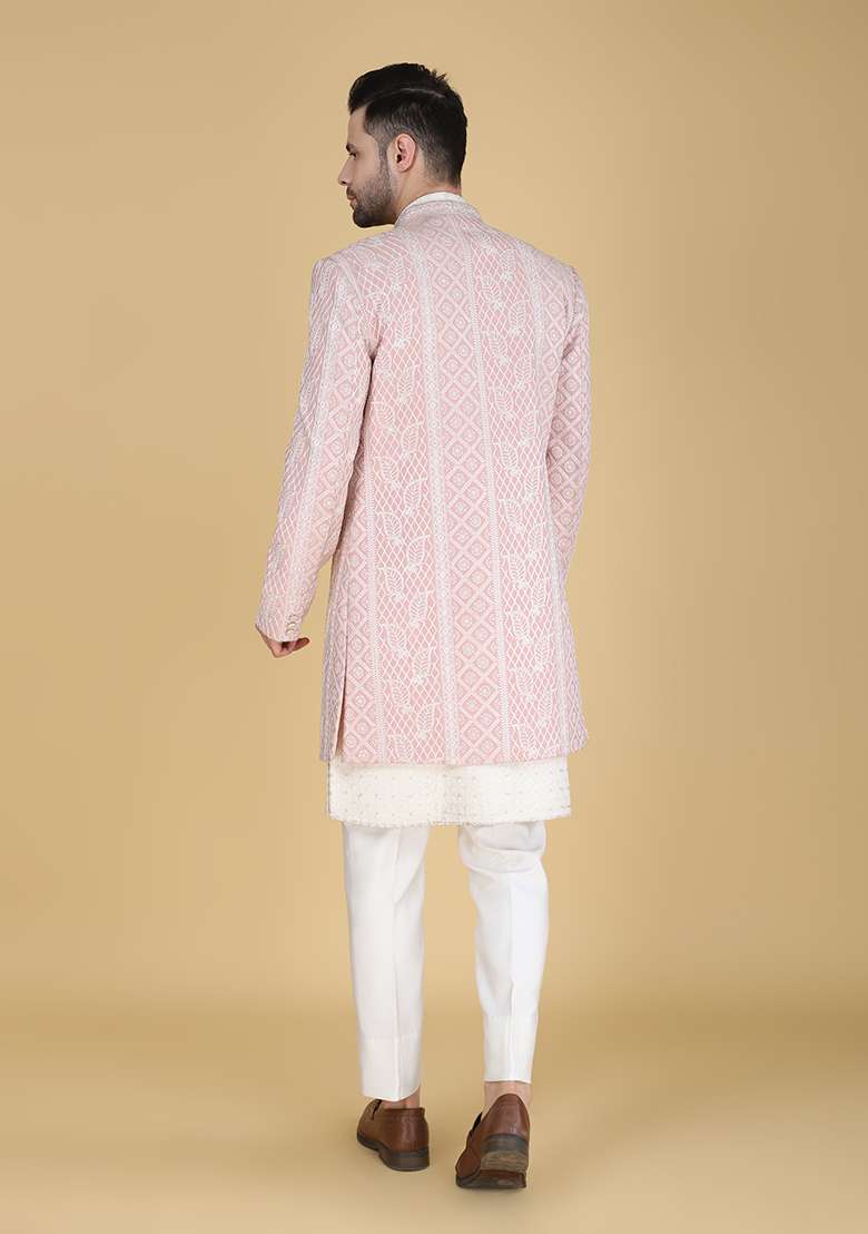 Pink Embroidered Silk Blend Indo Western Sherwani Set For Men - Indya