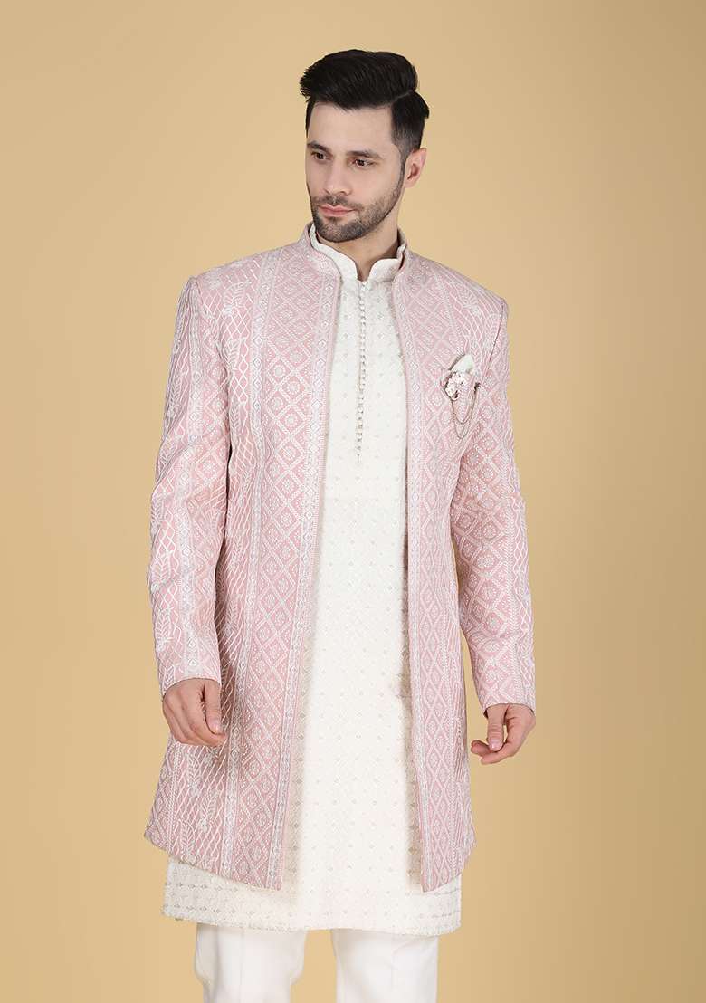Pink Embroidered Silk Blend Indo Western Sherwani Set For Men - Indya