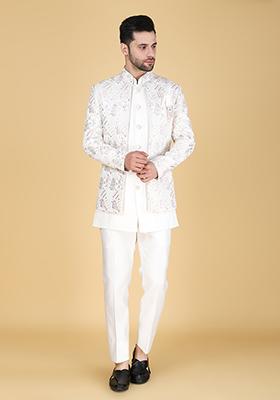 White Embroidered Silk Indo Western Sherwani Set For Men