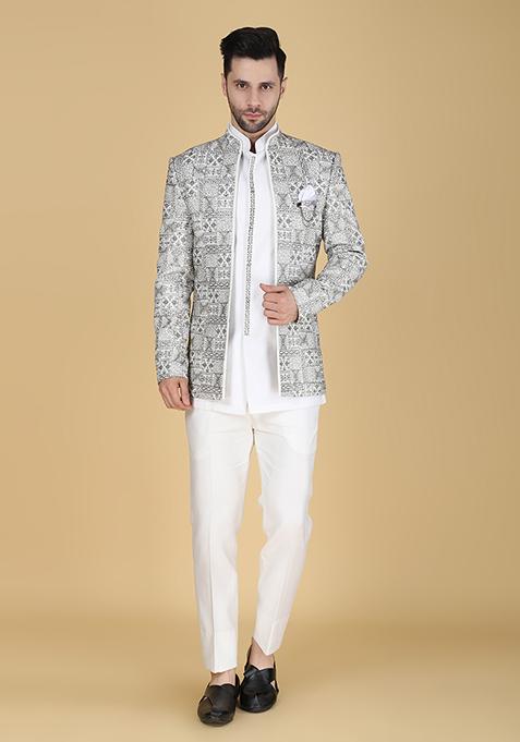 White Embroidered Silk Indo Western Sherwani Set For Men