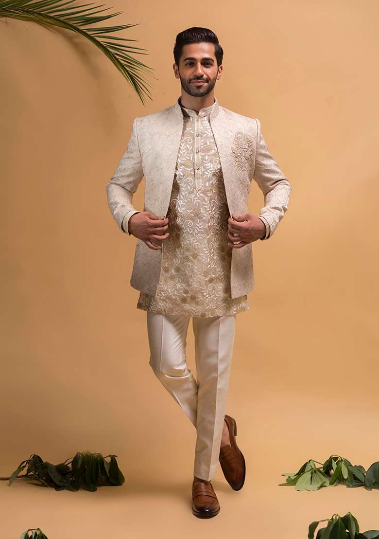 Cream Embroidered Textured Silk Blend Indo Western Sherwani Set For Men - Indya