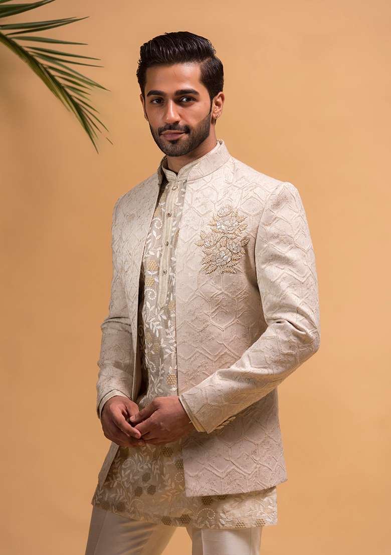 Cream Embroidered Textured Silk Blend Indo Western Sherwani Set For Men - Indya