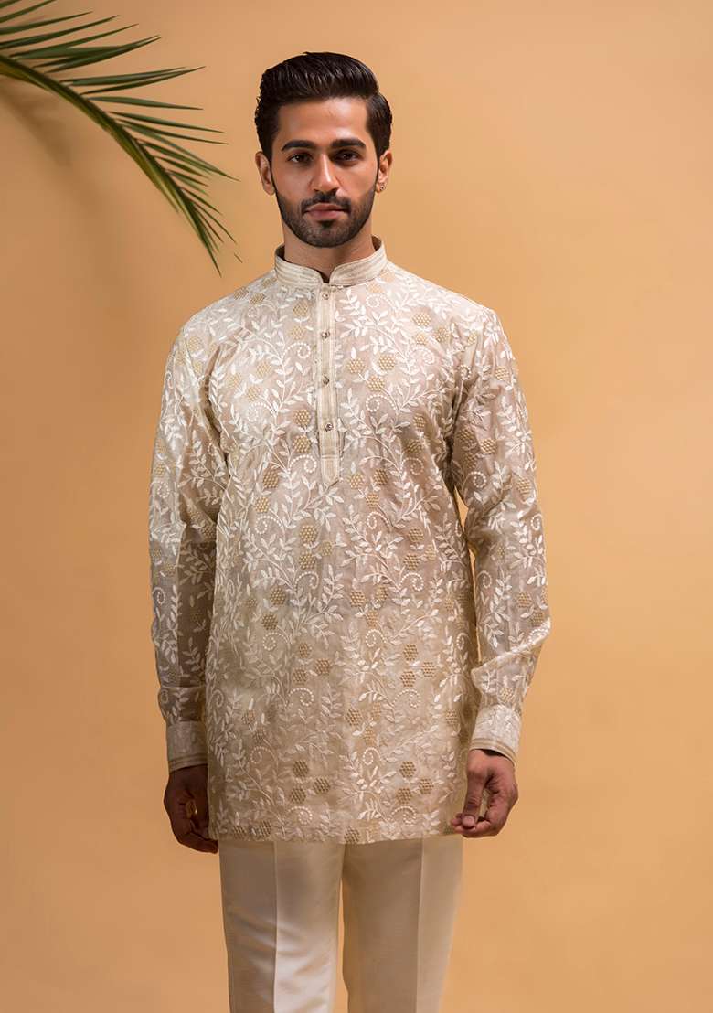 Cream Embroidered Textured Silk Blend Indo Western Sherwani Set For Men - Indya