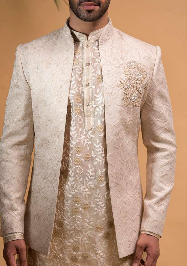 Cream Embroidered Textured Silk Blend Indo Western Sherwani Set For Men - Indya