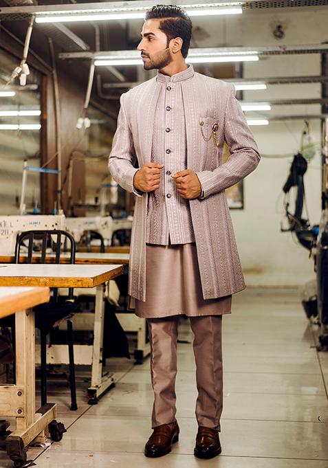 Lavender Embroidered Silk Indo Western Sherwani Set For Men