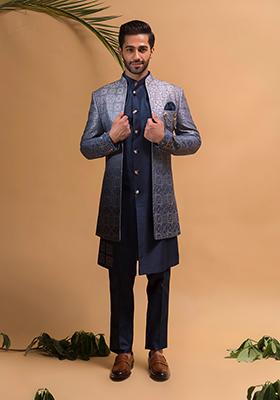 Blue Embroidered Silk Indo Western Sherwani Set For Men