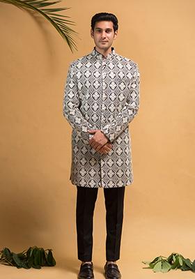 Black Embroidered Silk Indo Western Sherwani Set For Men