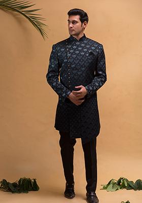 Dark Green Embroidered Silk Indo Western Sherwani Set For Men
